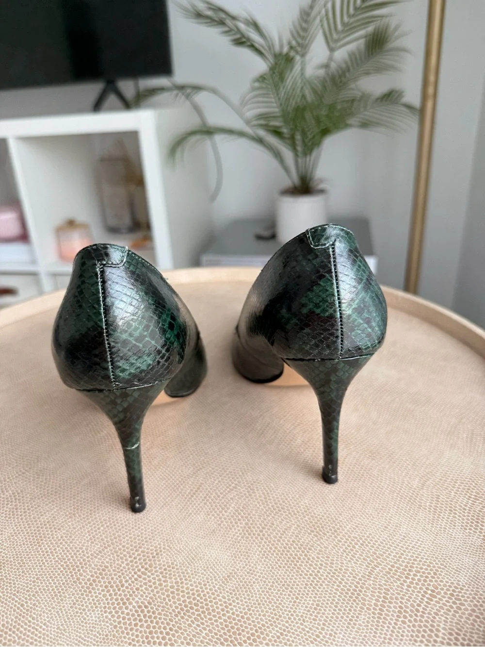 Marc Fisher Dark Green Snake-Print Pointed Pumps